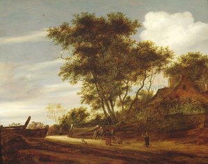 Zalesiony krajobraz z dziećmi bawiącymi się na drodze przy chacie, 1658
