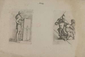 (Seria figurek) Długowłosy mężczyzna trzymający znak autorstwa Salvator Rosa