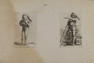(Seria figurek) Starzec w kapeluszu z pióropuszem, spoczywający na rękach autorstwa Salvator Rosa