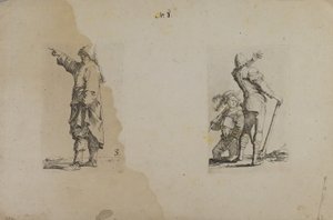 (Seria figurek) Stojący mężczyzna w długim kapeluszu, wskazujący autorstwa Salvator Rosa