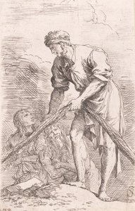 Mężczyzna ciągnący siatkę z dwiema postaciami za sobą z serii „Figurka”, ok. godz. ...,ok. 1656-1657. autorstwa Salvator Rosa