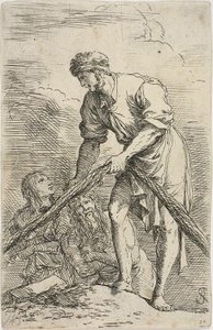 Mężczyzna ciągnący sieć, a za nim dwie postacie z serii Figurine autorstwa Salvator Rosa