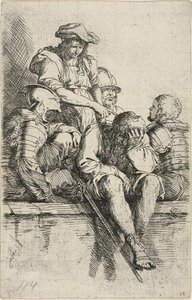 Czterech wojowników i stojący młodzieniec, który wskazuje na jednego z nich, z serii Figurine autorstwa Salvator Rosa