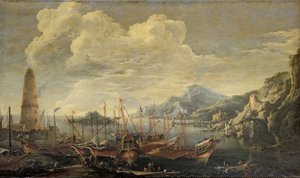 Port z latarnią morską i statkami autorstwa Salvator Rosa