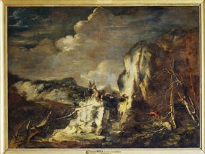 Skalisty krajobraz z myśliwym i wojownikami - Skalisty ... autorstwa Salvator Rosa