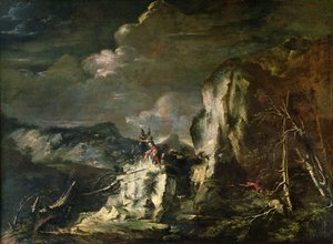 Skalisty krajobraz z myśliwym i wojownikami autorstwa Salvator Rosa