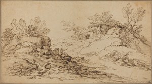 Skalisty krajobraz z rustykalnym domem autorstwa Salvator Rosa