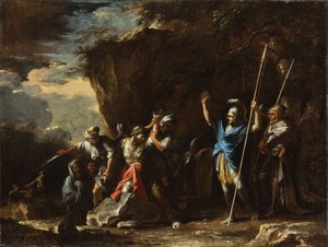 Scena z historii Grecji: głuchoniemy syn króla Krezusa powstrzymuje Persów przed zabiciem swojego ojca autorstwa Salvator Rosa