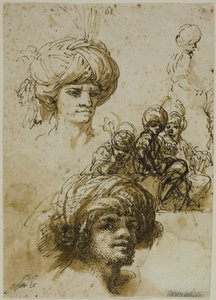 Szkice turbanów (recto); Fragment postaci i szkice ornamentu architektonicznego (verso) autorstwa Salvator Rosa