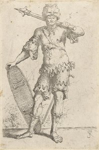 Stojący egzotyczny wojownik w czapce z głową lwa, trzymający maczugę i tarczę, ok. 1656-57 (trawiony na papierze wykładanym) autorstwa Salvator Rosa