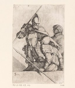 Dwóch żołnierzy i postać w turbanie Małe figurki (tytuł serii) Figurka (tytuł serii) autorstwa Salvator Rosa