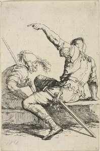Dwóch wojowników siedzących na niskich skałach autorstwa Salvator Rosa