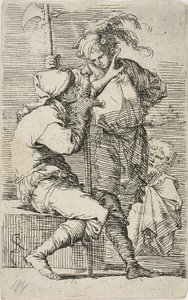 Dwóch wojowników, jeden trzyma miecz, drugi halabardę; za nimi stary brodaty mężczyzna, z Figurine autorstwa Salvator Rosa