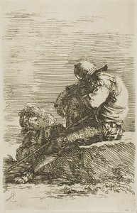 Dwóch wojowników, jeden śpi na skale na pierwszym planie, z serii Figurki autorstwa Salvator Rosa