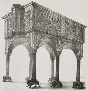 Starożytna ambona w katedrze Sessa Aurunca, Kampania, Włochy, litografia Salvatore Puglia według rysunku Pasquale Mattei (1813-1879) z Poliorama Pittoresco, nr 43, 31 maja autorstwa Salvatore Puglia
