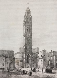Dzwonnica katedry Gaeta, Lazio, Włochy, litografia Salvatore Puglia według rysunku Pasquale Mattei (1813-1879), z Poliorama Pittoresco, nr 48, 6 lipca autorstwa Salvatore Puglia