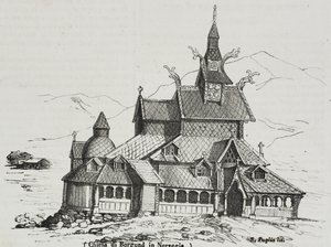 Borgund Stavkirke, Norwegia, litografia Salvatore Puglia z Poliorama Pittoresco, nr 40, 14 maja
