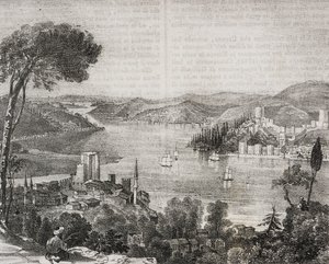 Zamki nad Bosforem na wybrzeżach Azji i Europy, Turcja, litografia Gaetano Riccio z Poliorama Pittoresco, nr 18, 9 grudnia autorstwa Salvatore Puglia