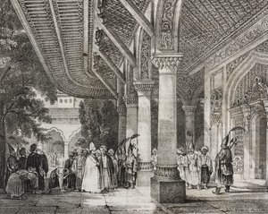 Hol wejściowy Serraglio, Turcja, z haremu fabularnego na Wschodzie, litografia z Poliorama Pittoresco, nr 12, 28 października autorstwa Salvatore Puglia