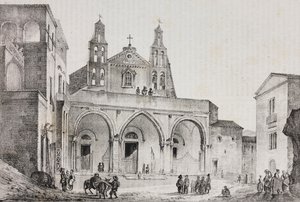 Fasada katedry Sessa Aurunca, Kampania, Włochy, litografia Salvatore Puglia według rysunku Pasquale Mattei (1813-1879) z Poliorama Pittoresco, nr 42, 24 maja autorstwa Salvatore Puglia