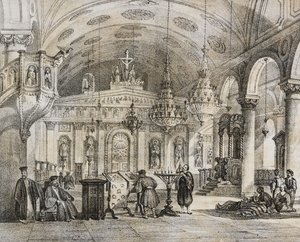 Wnętrze greckiego kościoła Baloukli, niedaleko Konstantynopola, Turcja, litografia Salvatore Puglia z Poliorama Pittoresco, nr 28, 15 lutego autorstwa Salvatore Puglia