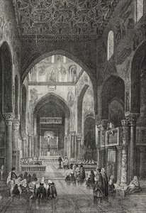 Wnętrze Kaplicy Palatyńskiej w Palazzo dei Normanni lub Pałacu Królewskiego w Palermo, Sycylia, Włochy, litografia Salvatore Puglia z Poliorama Pittoresco, nr 41, 21 maja autorstwa Salvatore Puglia