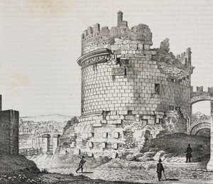 Mauzoleum Cecylii Metelli przy Via Appia, Rzym, Lacjum, Włochy, litografia Salvatore Puglia z Poliorama Pittoresco, nr 20, 21 grudnia autorstwa Salvatore Puglia