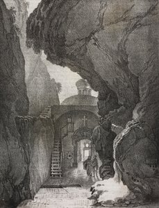 Sanktuarium Świętej Trójcy lub Sanktuarium Split Mountain, Gaeta, Lazio, Włochy, litografia Salvatore Puglia z Poliorama Pittoresco, n 43, 1 czerwca
