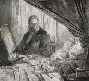 Tintoretto maluje swoją zmarłą córkę, litografia Salvatore Puglia z Poliorama Pittoresco, nr 27, 10 lutego autorstwa Salvatore Puglia