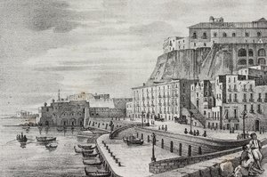 Widok Borgo Santa Lucia, Neapol, Kampania, Włochy, litografia Salvatore Puglia z Poliorama Pittoresco, n 36, 15 kwietnia autorstwa Salvatore Puglia