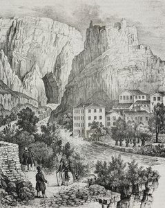 Widok Fontaine-de-Vaucluse, Francja, litografia Sardi z Poliorama Pittoresco, nr 51, 30 lipca autorstwa Salvatore Puglia