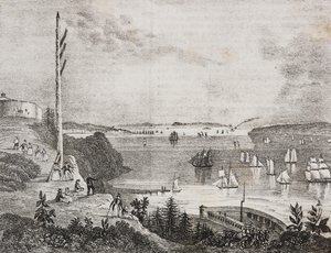 Widok zatoki nowojorskiej ze stacji telegraficznej, Stany Zjednoczone, litografia Salvatore Puglia z Poliorama Pittoresco, nr 6, 14 września autorstwa Salvatore Puglia