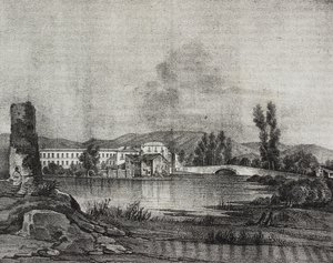 Widok fabryki i kościoła Santa Restituta nad brzegiem rzeki Fibreno w Cornello, Lazio, Włochy, litografia Salvatore Puglia według rysunku Raffaele Carellego, z Poliorama Pittoresco, nr 16, 26 listopada autorstwa Salvatore Puglia