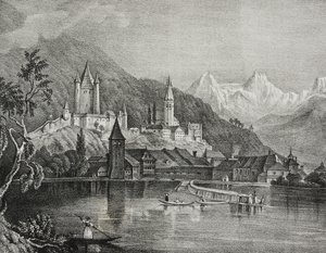 Widok Thun, kanton Berno, Szwajcaria, litografia Salvatore Puglia z Poliorama Pittoresco, n 35, 9 kwietnia autorstwa Salvatore Puglia