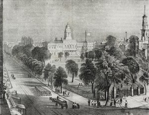 Vista do parque e da prefeitura de Nova York, Estados Unidos da América, litografia de Salvatore Puglia de Poliorama Pittoresco, n 24, 22 de janeiro polonês autorstwa Salvatore Puglia