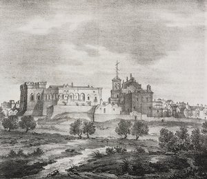 Zachodni widok Mesagne, Apulia, Włochy, litografia Salvatore Puglia z Poliorama Pittoresco, nr 47, 29 czerwca autorstwa Salvatore Puglia