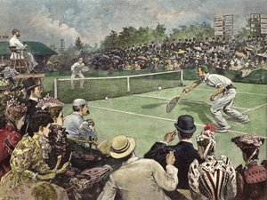 Mistrzostwa w tenisie ziemnym na Wimbledonie 1891, panowie W Baddeley i J Pim rywalizujący w finale (kolorowa rycina)