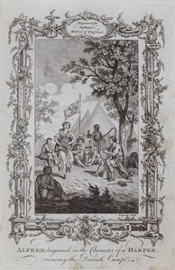 Alfred, przebrany za harfiarza, ogląda obóz duński (rycina) autorstwa Samuel (after) Wale