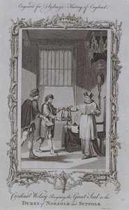 Kardynał Wolsey rezygnujący z Wielkiej Pieczęci Książąt Norfolk i Suffolk (grawerowanie) autorstwa Samuel (after) Wale