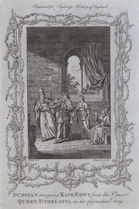 Dunstan odciągając króla Edwy od swojej małżonki, królowej Ethelgivy w dniu koronacji (rycina) autorstwa Samuel (after) Wale