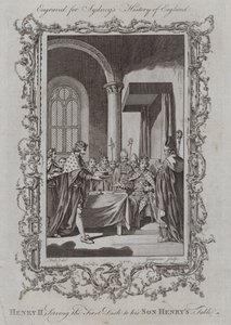 Henryk II serwujący pierwsze danie do stołu syna Henryka (grawerowanie) autorstwa Samuel (after) Wale