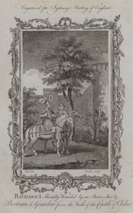 Ryszard I śmiertelnie ranny strzałą wystrzeloną przez Bertrama de Gourdona z murów zamku Chilus (rycina)