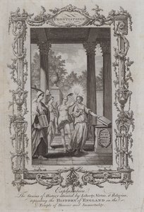 Geniusz Historii, w którym uczestniczyli Wolność, Cnota i Religia, zdeponował Historię Anglii w Świątyni Honoru i Nieśmiertelności (rycina) autorstwa Samuel (after) Wale