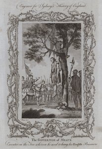 Gubernator Meaux stracony na drzewie, na którym wieszał swoich angielskich jeńców (rycina) autorstwa Samuel (after) Wale