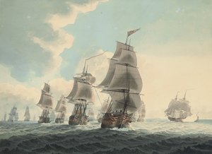 Eskadra Marynarki Królewskiej płynąca kanałem (ołówek, długopis, czarny tusz i akwarela na papierze) autorstwa Samuel (attr. to) Atkins