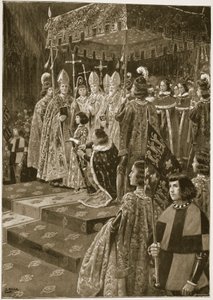 Wręczenie ostróg i miecza podczas koronacji Henryka VI w dzień św. Leonarda, 6 listopada 1429 r., z "The Illustrated London News", 1902 r. autorstwa Samuel Begg