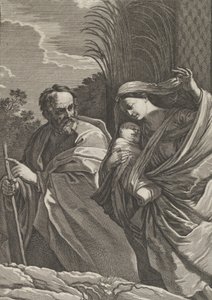 Ucieczka do Egiptu, Dziewica niosąca Dzieciątko Chrystusa, Józef wskazujący na..., ok. godz. 1635-57. autorstwa Samuel Bernard