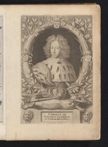 Portret Karola XII van Zweden Karol XII, król szwedzkich Gotów i Wandalów (tytuł na obiekcie) Szwecja starożytna i nowoczesna (tytuł serii) autorstwa Samuel Blesendorf