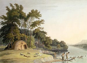 Wioska Korah Hottentot na lewym brzegu rzeki Orange, tablica 1 z „Afrykańska sceneria i zwierzęta”, rytowany przez artystę, 1804 (akwatinta)