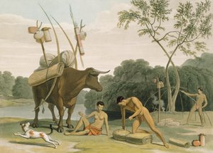 Korah Hottentots Przygotowanie do usunięcia, płyta 20 z „Afrykańska sceneria i zwierzęta”, ryty przez artystę, 1805 (akwatinta) autorstwa Samuel Daniell